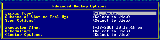 Advanced Backup Options screen