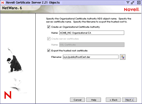 Novell Certificate Server installation screen