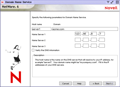 Domain Name Service screen