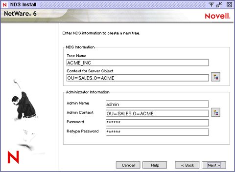 New eDirectory tree installation screen