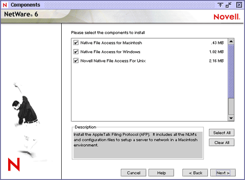 Novell Native File Access Protocols selection screen