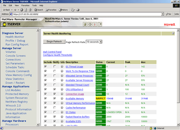 Health Monitoring in NetWare Remote Manager