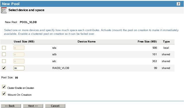 Sample of the Enable on Creation Option for Pools on Shared Devices