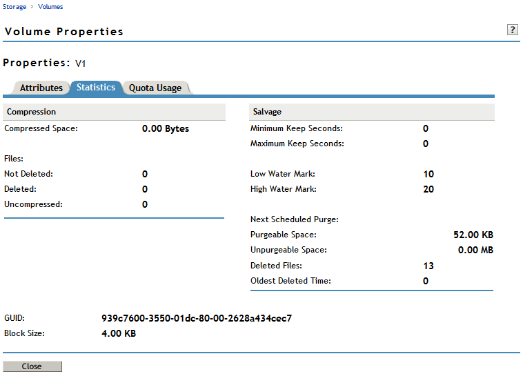 Sample Statistics Page from the Volume Properties