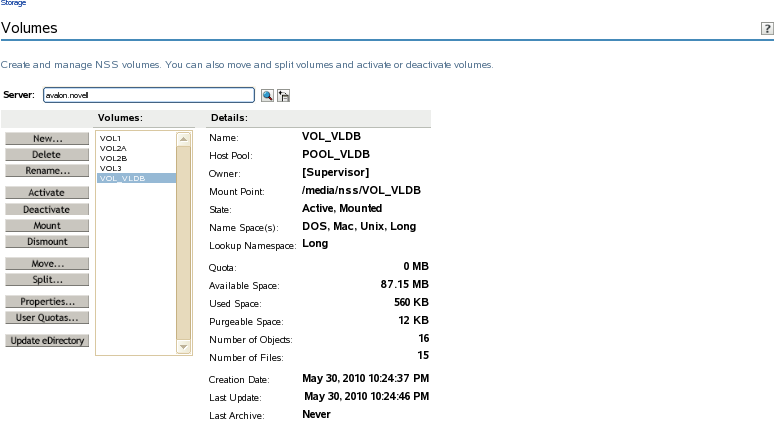 Sample Volume Management Page for NSS on NetWare