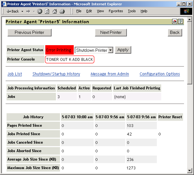 Printer Agent Summary Page