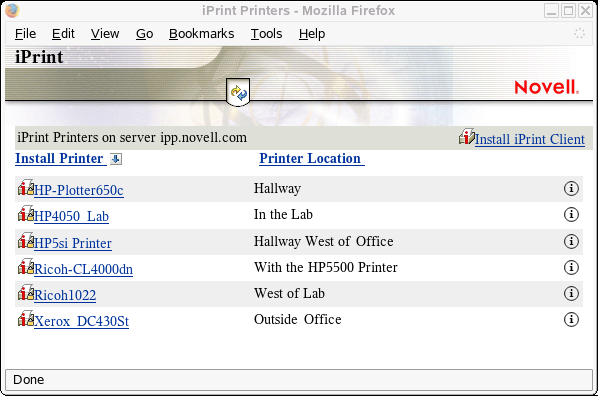 iPrint Printer list Web page