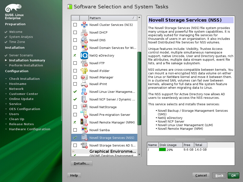 Example of the Software Selection and System Tasks Page for NSS Selections