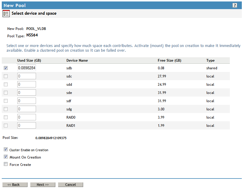 Sample of the Enable on Creation Option for Pools on Shared Devices