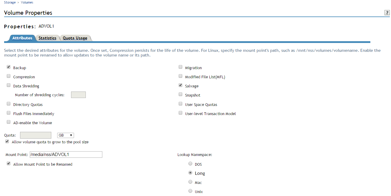 Sample Volume Properties Attributes Page