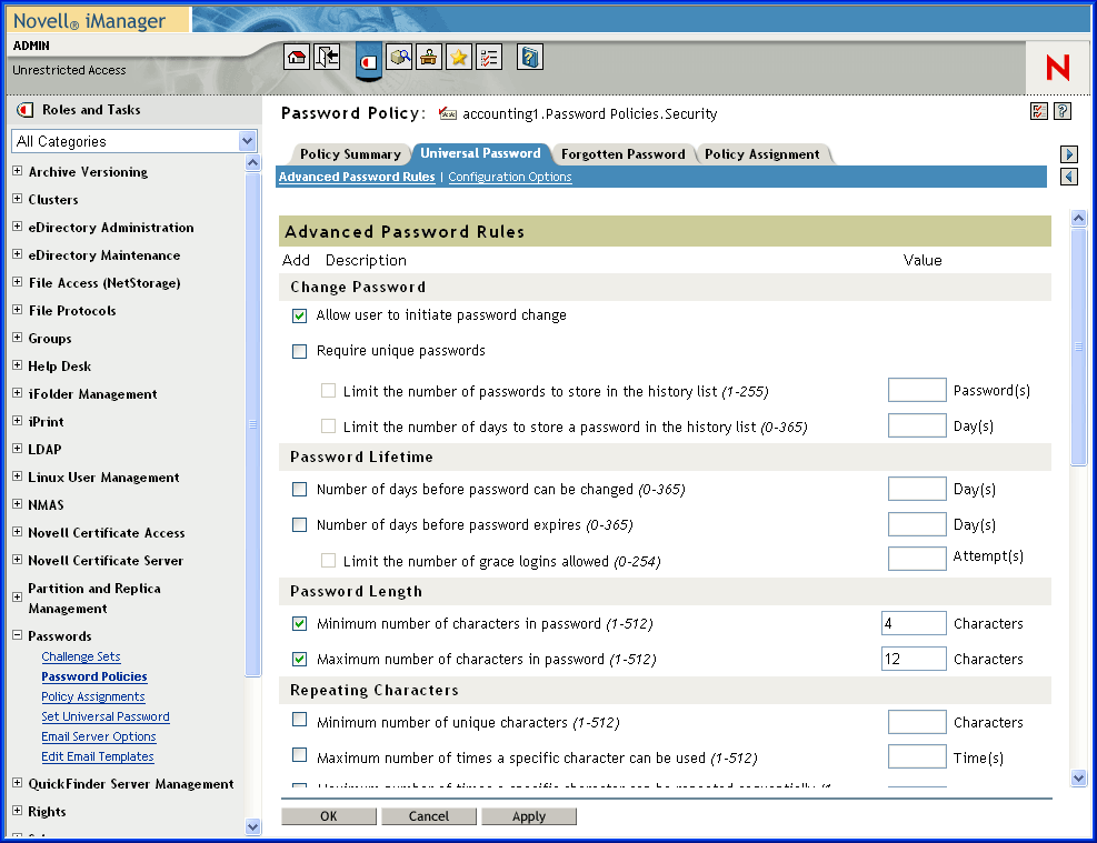 Description:
Advanced Password Rules interface