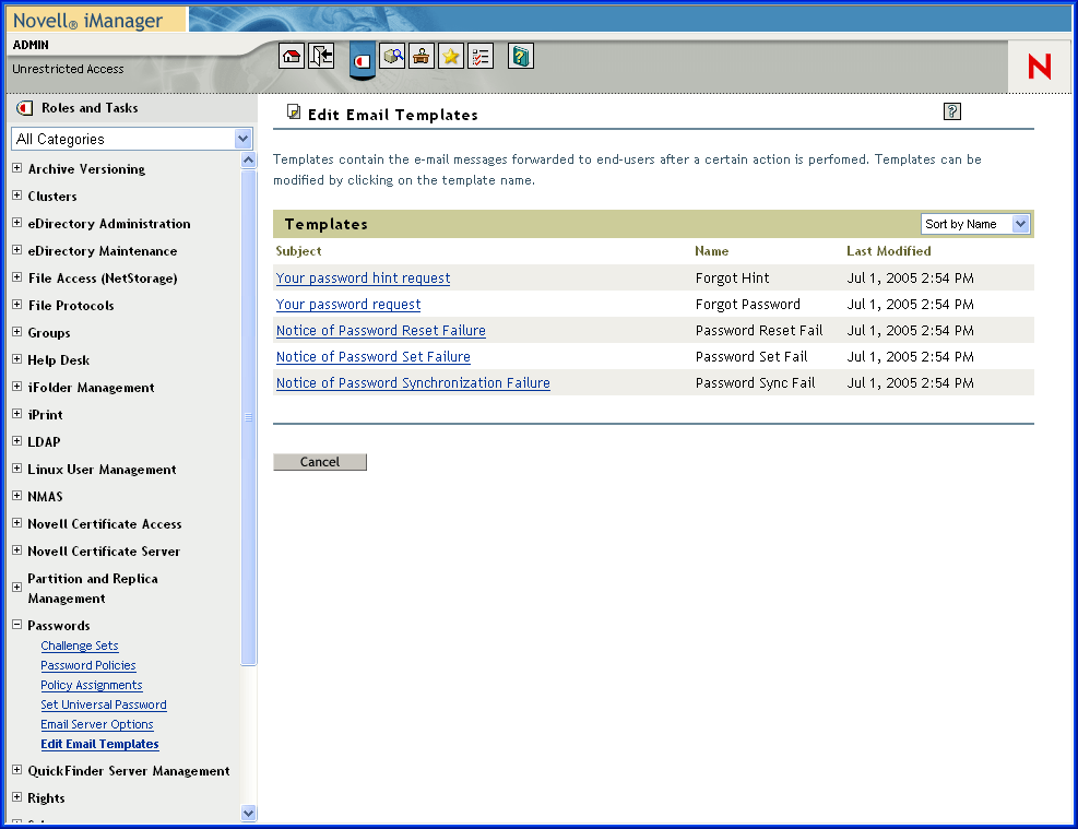 List of e-mail templates in iManager