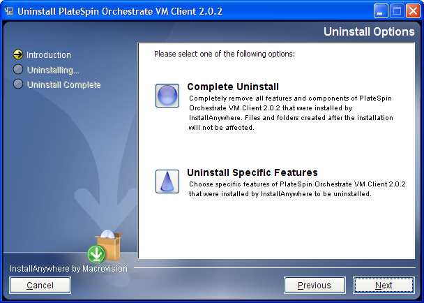 VM Client Uninstallation Wizard - Uninstall Options Page