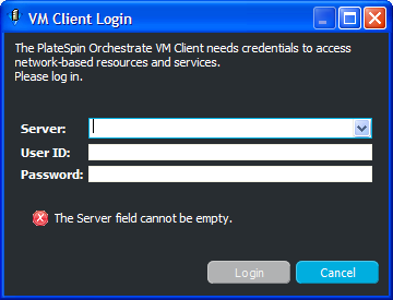 The VM Client Login Dialog Box