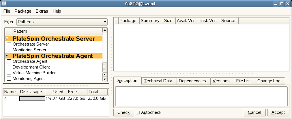 Linux YaST2 Window Showing PlateSpin Patterns