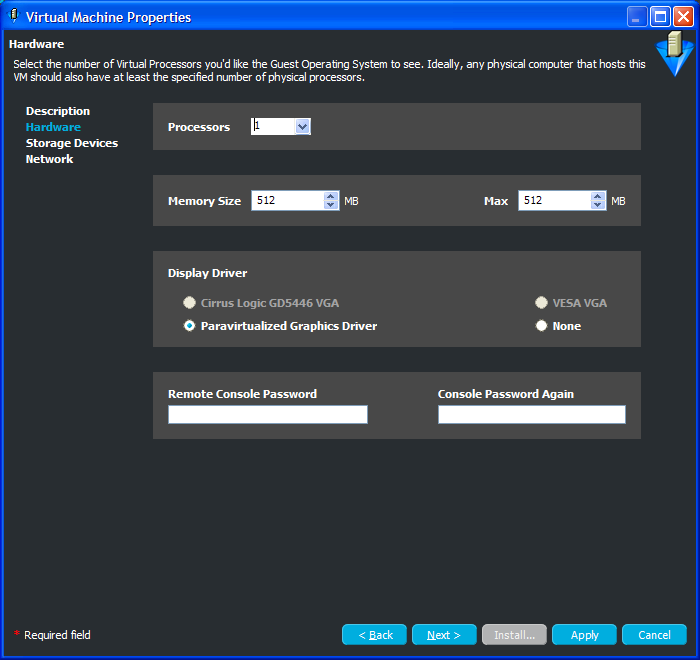 Hardware Page of the Virtual Machine Properties Wizard