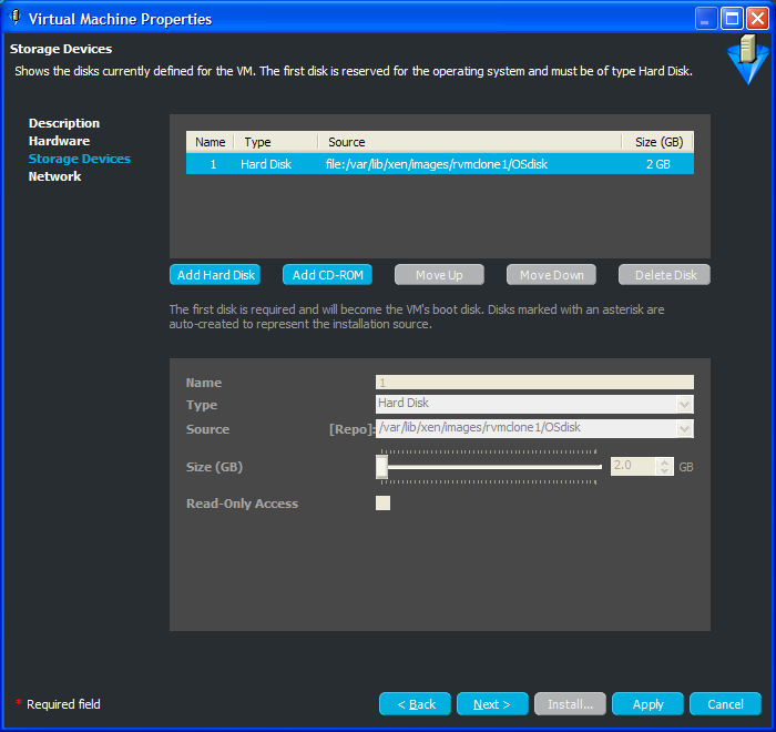 Virtual Machine Properties Wizard, Storage Devices Page