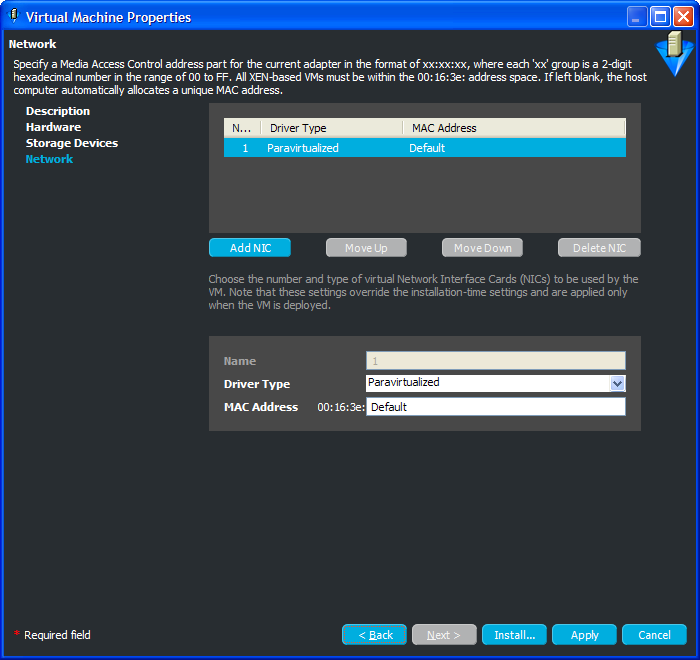 Network Page for Virtual Machine Properties Wizard