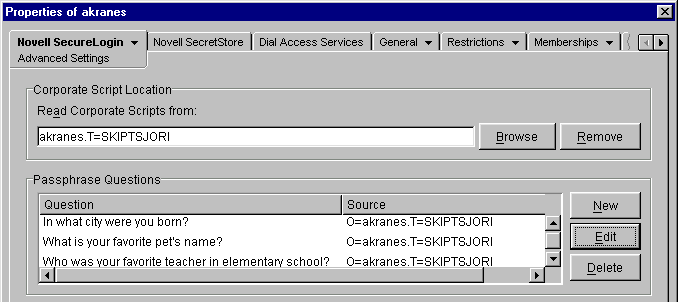 The Passphrase Questions dialog box