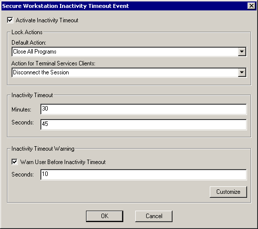 The dialog box for configuring Inactivity Timeout event