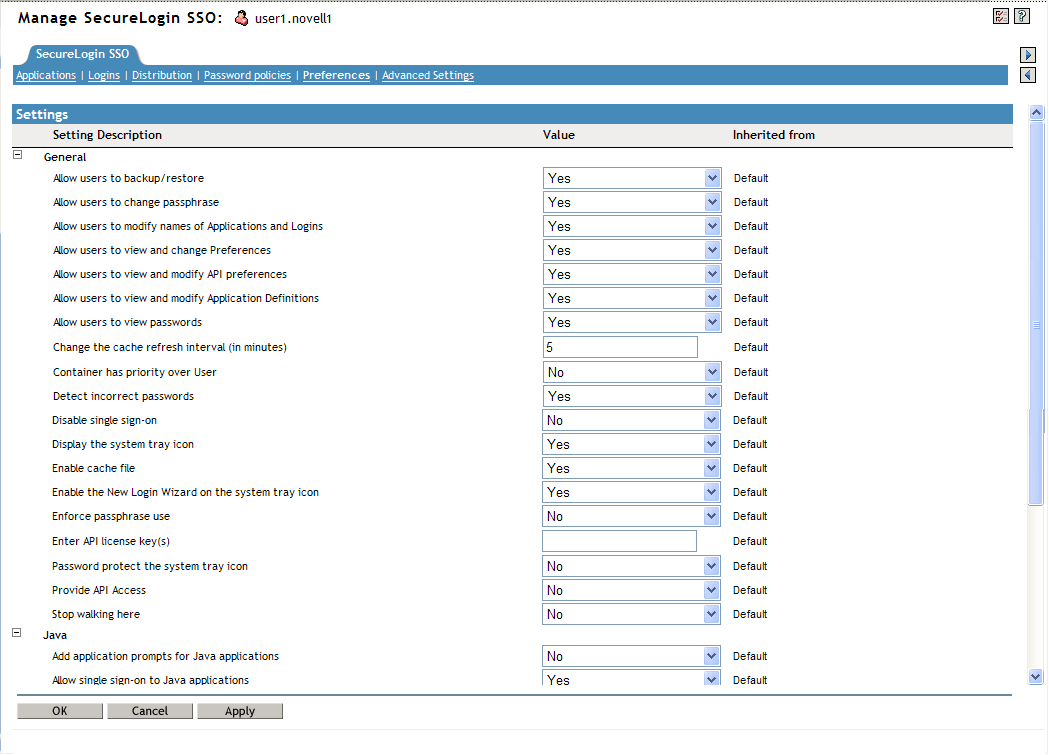 Preferences page