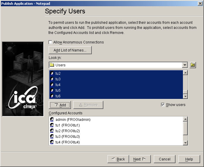 Specify Users dialog box