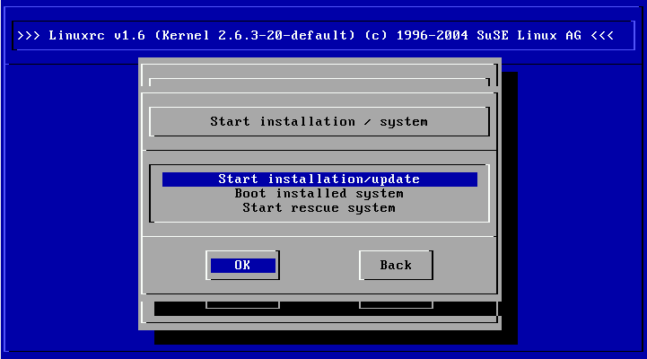 linuxrc Installation Menu