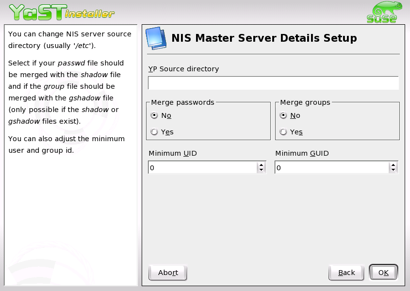 YaST: Changing the Directory and Synchronizing Files for a NIS Server