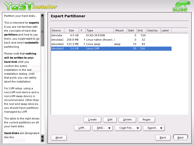 YaST: LVM Partitioner