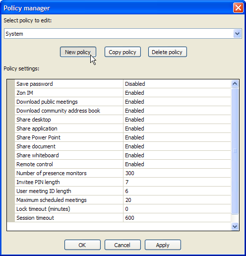 Policy Manager window