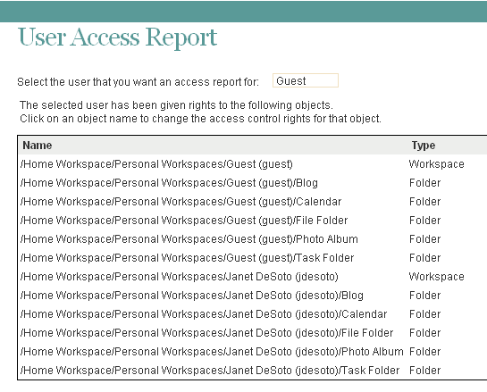 User Access report results