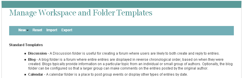 Manage Workspace and Folder Templates page