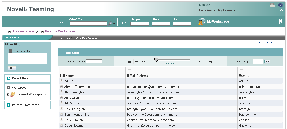 Novell Teaming User List page