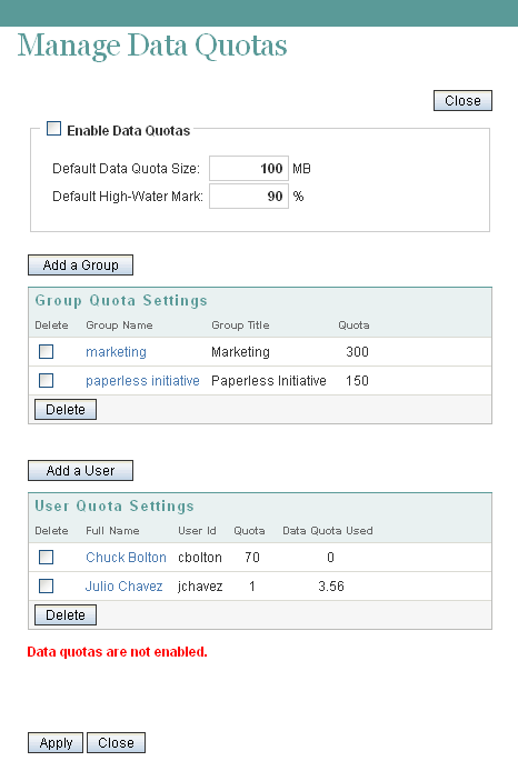 Manage Data Quotas Page