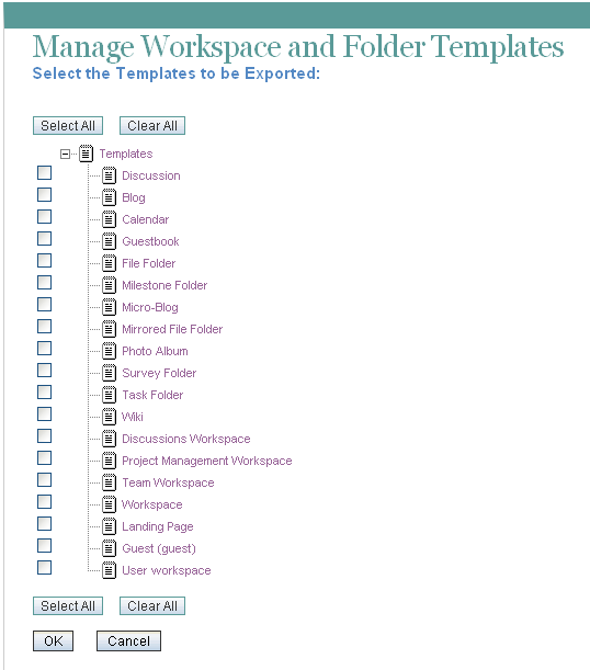 Manage Workspace and Folder Templates page with templates to be exported