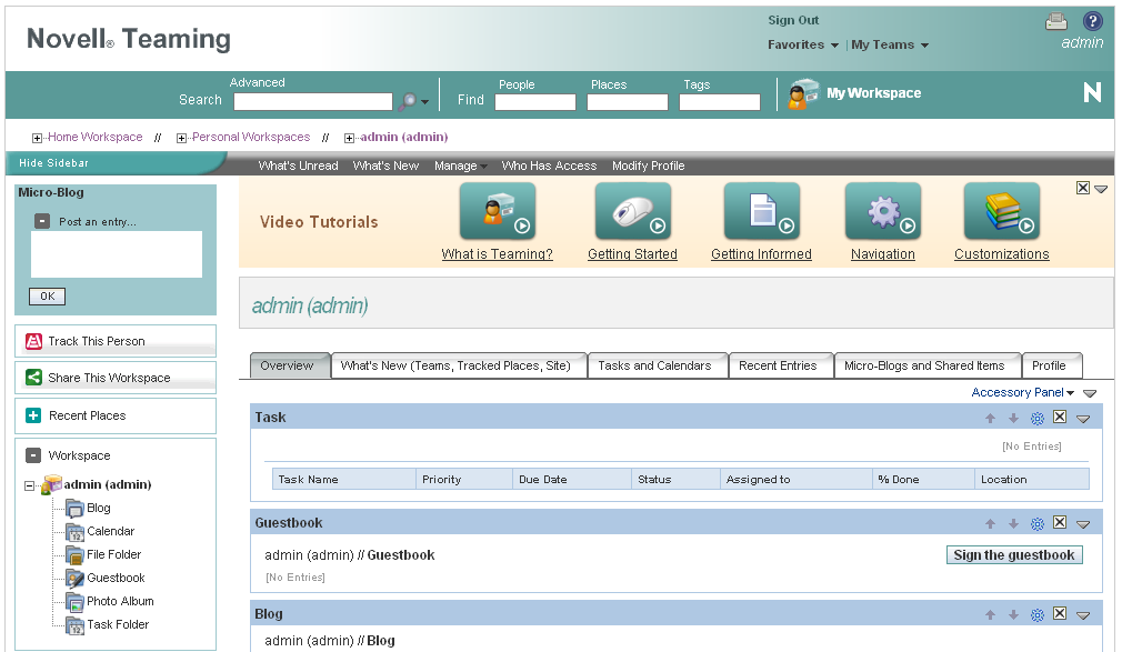 Novell Teaming administrator’s personal workspace