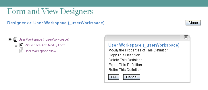 Form and View Designers page with User Workspace window