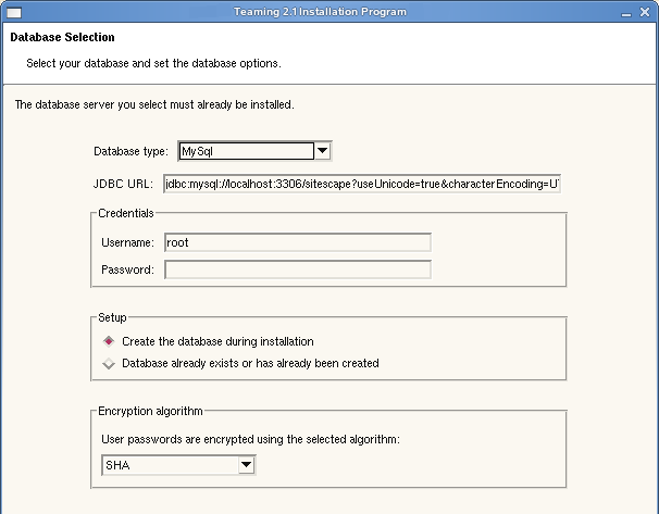 Database Selection page