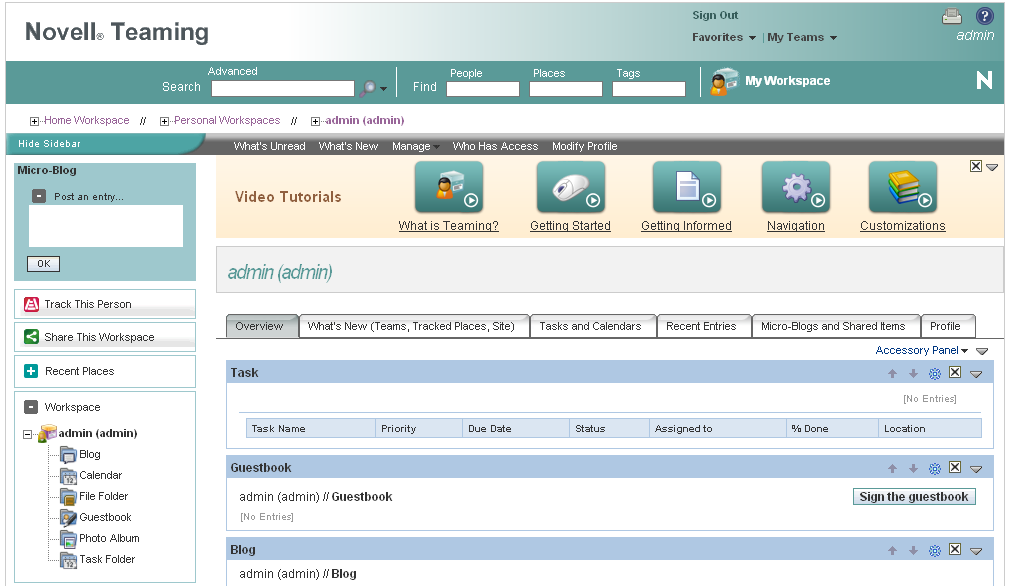 Novell Teaming administrator’s personal workspace