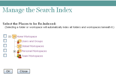 Manage the Search Index page