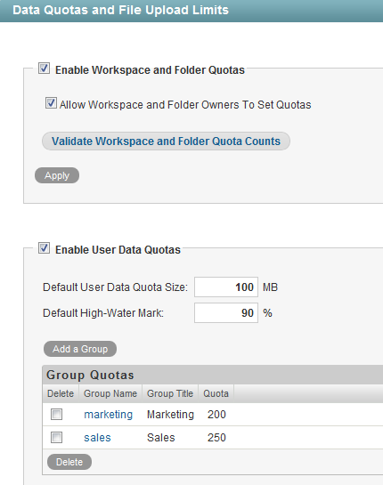 Manage Data Quotas page