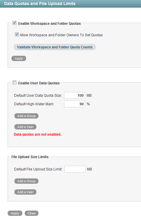 Manage Data Quotas page