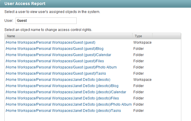 User Access report results