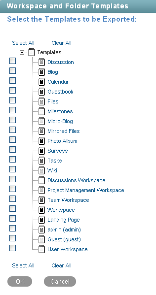 Manage Workspace and Folder Templates page with templates to be exported