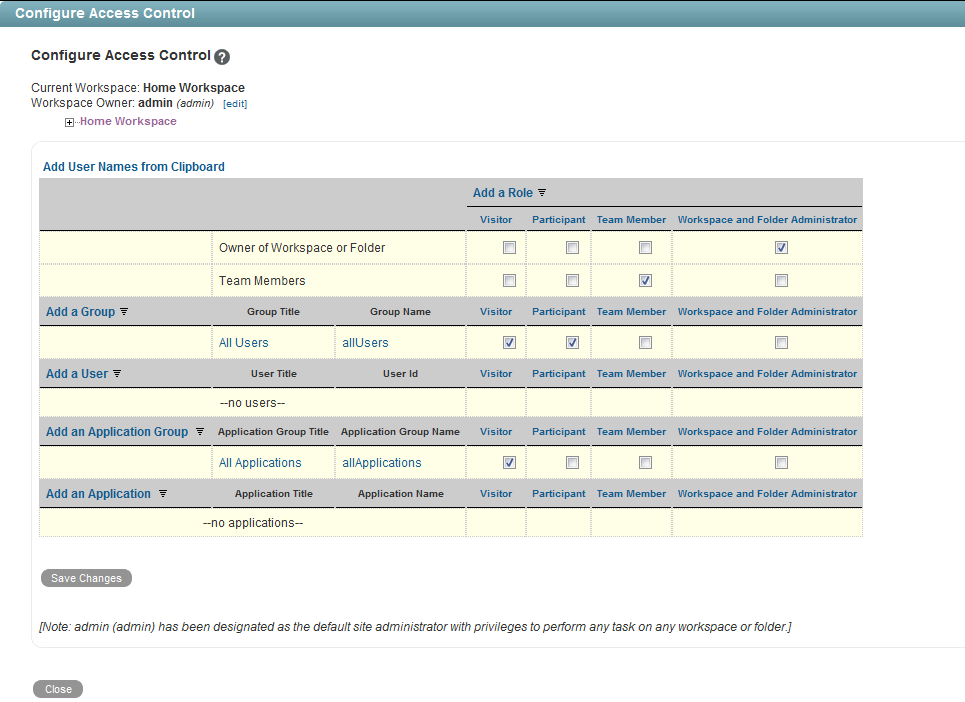 Configure Access Control for the Home Workspace