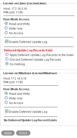 Lucene Nodes page with Deferred Update Log options