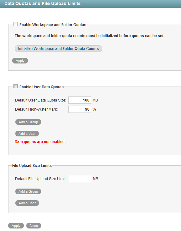 Manage Data Quotas page