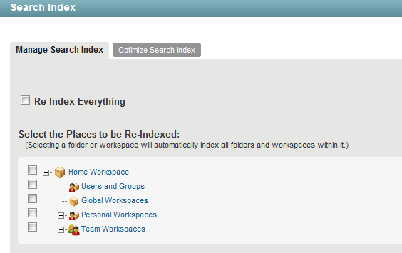 Manage the Search Index page