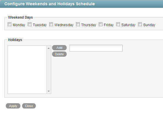 Configure Weekends and Holidays page