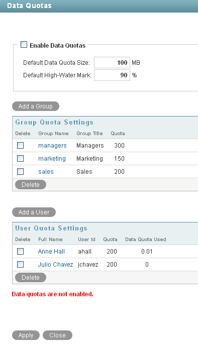 Manage Data Quotas Page